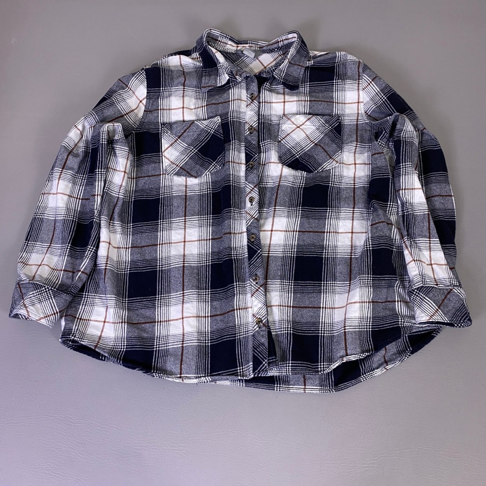 Natural Reflections Flannel Shirt Women's Plus 2X Navy Blue White Plaid Cotton